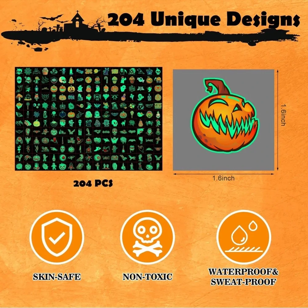 Halloween Tattoos for Kids, Individually Wrapped Glow In the Dark Kids Tattoos